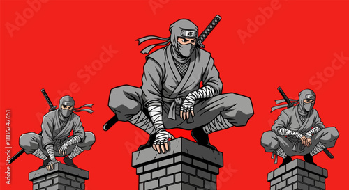 Three stealthy gray ninjas crouched menacingly atop brick structures in an aggressive pose on white background
