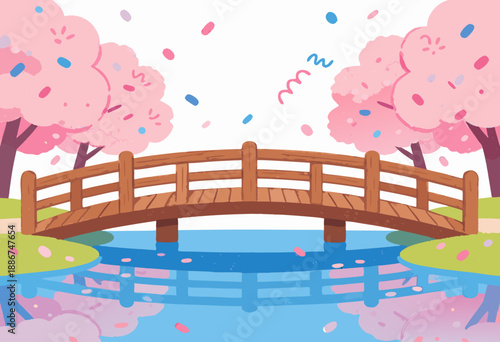 wooden bridge over serene lake surrounded by cherry blossoms with falling petals spring scenery