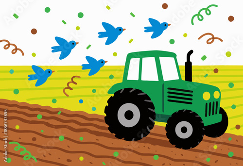 whimsical green tractor plowing field with playful blue birds and vibrant patterns