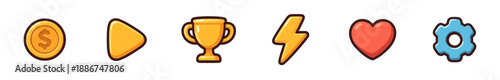 Video game icons set featuring a golden coin, play button, trophy, lightning bolt, heart, and gear symbols for various digital applications.