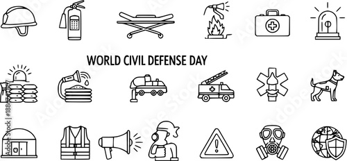 World Civil Defense Day Icons: Safety, Emergency, Rescue, and Protection Symbols