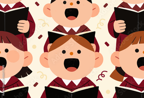 illustrated children singing in choir during holiday concert in vibrant attire