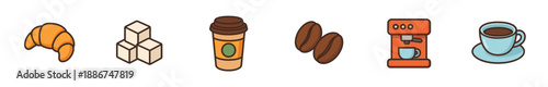 Coffee and breakfast items represented as a collection of colorful flat design icons, including a croissant, sugar cubes, disposable cup, coffee beans, espresso machine, and a ceramic mug.