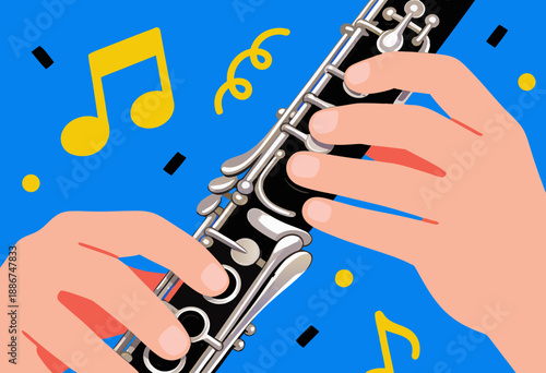 close up of hands playing a clarinet with vibrant musical notes on a blue background