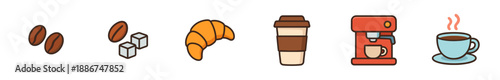 Coffee and breakfast related icons in a flat design style, featuring beans, sugar, croissant, to-go cup, espresso machine, and a steaming hot mug.