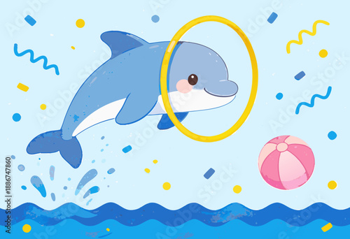 playful cartoon dolphin jumping through hoop with beach ball on a sunny day © Running opossum