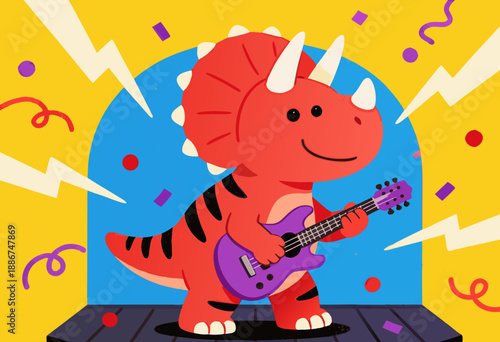 colorful cartoon dinosaur playing electric guitar on stage with festive background