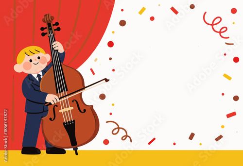 cheerful child musician playing double bass at festive music recital with confetti decorations