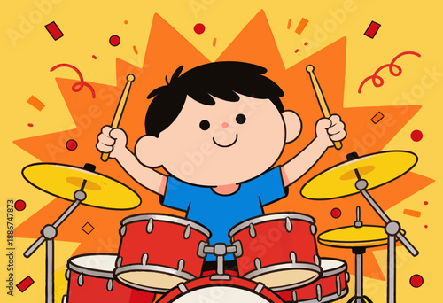 cheerful child playing drums with enthusiasm on a vibrant background
