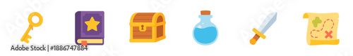 Fantasy adventure game quest items collection featuring a key, spellbook, treasure chest, potion, sword, and map, perfect for digital designs.