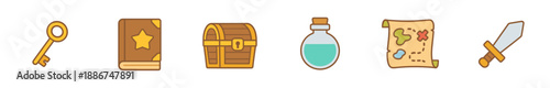 Collection of colorful adventure game items, including a key, book, chest, potion, map, and sword, are displayed as charming cartoon icons.