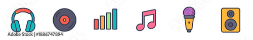Music and audio equipment flat design icons representing various elements of sound, recording, and listening experiences in a colorful, modern style.