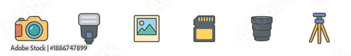 Photography equipment icons set in a flat design style, depicting various tools and accessories essential for capturing images and creating visual content.