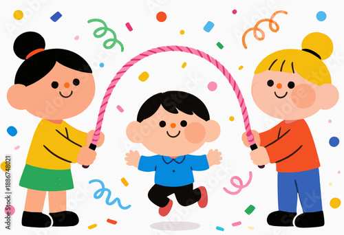children playing jump rope with colorful confetti in a joyful celebration scene