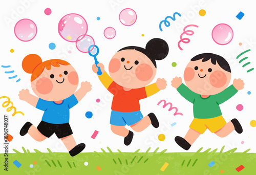 three playful children enjoying bubbles and confetti in a joyful outdoor setting