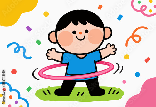 happy child playing with hula hoop surrounded by colorful confetti and doodles