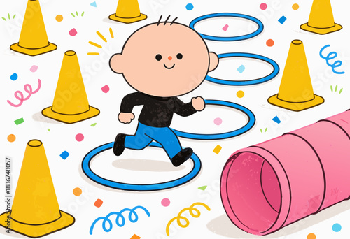child playing in colorful obstacle course with rings and cones in fun indoor playroom