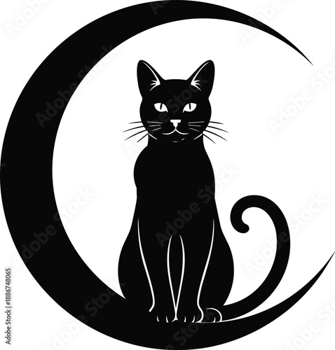 Black cat silhouette sitting inside crescent moon vector illustration for mystical, magical, Halloween, night, folklore, witchcraft, and fantasy themes.