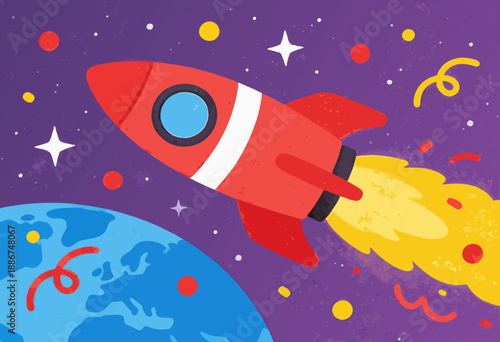 colorful cartoon rocket launching into space with stars and planets in background