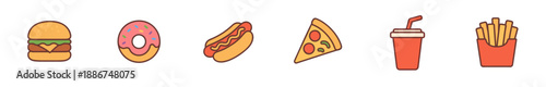 Fast food icons set featuring delicious hamburger, sweet donut, savory hot dog, pizza slice, refreshing soda, and crispy french fries.