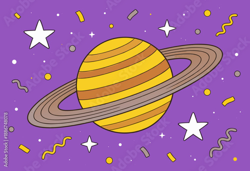 colorful saturn illustration with stars and confetti on purple background