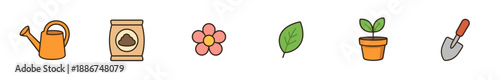 Gardening icons set featuring a watering can, bag of soil, flower, leaf, potted plant, and trowel for spring and summer activities.