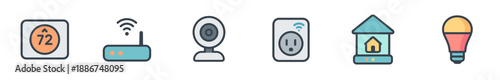 Smart home devices icons set representing modern internet of things technology, automation, and connectivity for residential living and connected environments.