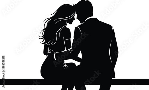 Romantic couple silhouette sitting together on bench, love moment, emotional connection, black and white vector illustration for commercial use