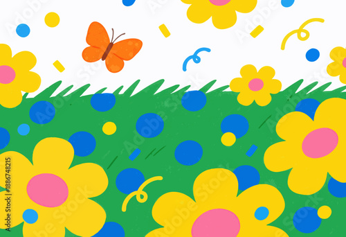 colorful spring meadow with yellow flowers, blue dots and an orange butterfly fluttering