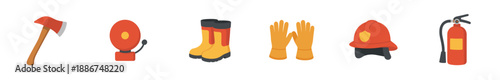 Firefighter equipment collection featuring essential tools for emergency response, including an axe, alarm, boots, gloves, helmet, and extinguisher.