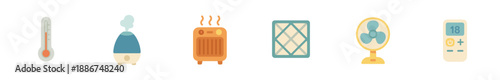 Climate control devices and temperature regulation icons depicting various household appliances for maintaining comfortable indoor environments and air quality.