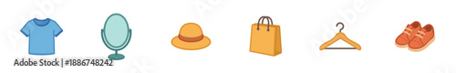 Various fashion and shopping items collection of icons including a t-shirt, mirror, hat, bag, hanger, and sneakers, presented in a clean flat design style.