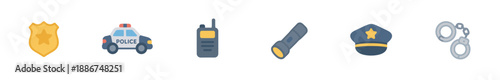 Police equipment and tools icons set collection showcasing essential law enforcement items like a badge, car, radio, flashlight, hat, and handcuffs.