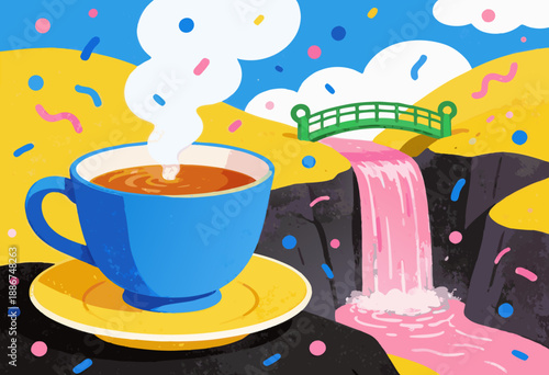 colorful surreal landscape with steaming coffee cup and pink waterfall under bright sky