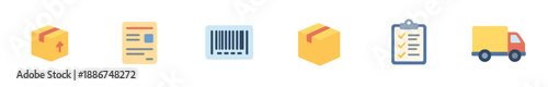 Logistics and delivery icons illustrate the comprehensive process of modern shipping, encompassing packaging, tracking, order fulfillment, and efficient transportation services.