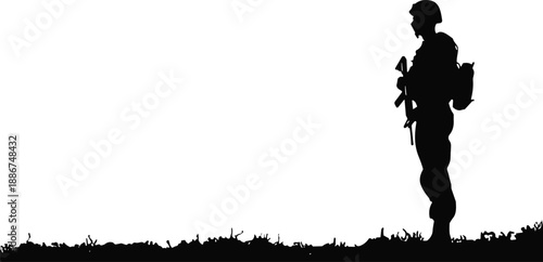 Silhouette of Armed Soldier Standing on Grass with Rifle, Helmet, Backpack – Military, War, Combat, Army, Veteran, Defense Theme