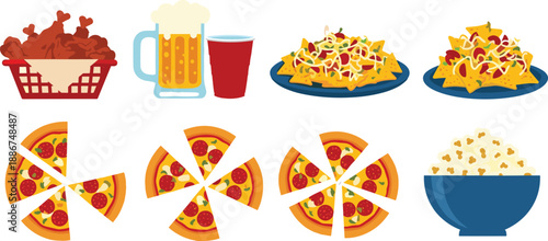 American football snacks vector illustration collection featuring pizza and popcorn snacks