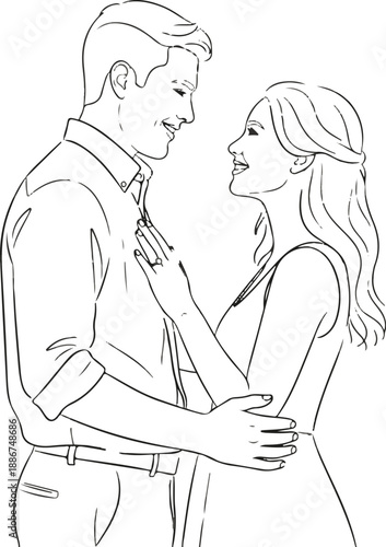 Line art illustration of a happy couple celebrating engagement or wedding with olive branch wreath