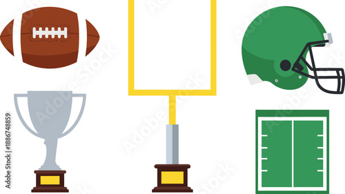 Football trophy vector illustration set with green helmet goalpost and field line art icons