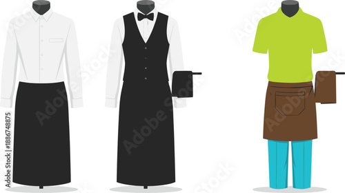 Restaurant staff uniform vector set with waiter waitress and barista workwear outfits isolated