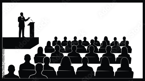 Business Conference Silhouette Illustration Showing Speaker at Podium Addressing Large Audience in Professional Seminar Setting Leadership Presentation Event Concept Corporate Communication