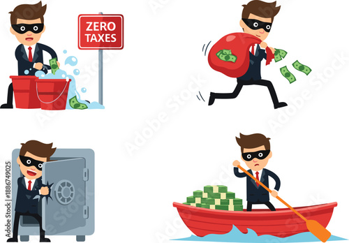 Cartoon businessman stealing money, tax evasion concept, financial crime illustration, fraud, corruption, illegal wealth, offshore money, white background