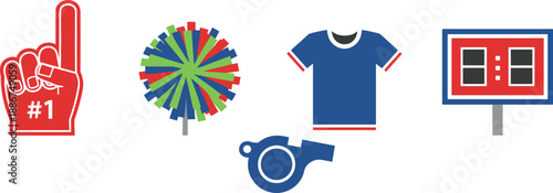 Sports fan equipment vector illustration set with foam finger and scoreboard for game day