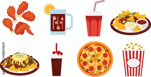 Super bowl party vector food and drinks set with wings soda nachos pizza and popcorn