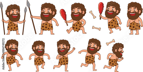 Cute caveman cartoon character vector set with prehistoric poses actions and funny expressions isolated