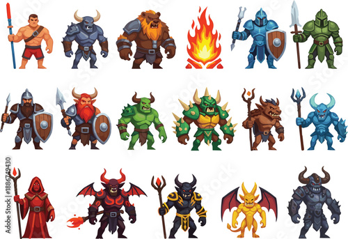 Flat vector set of fantasy game characters including heroic warriors armored knights mythical minotaurs demonic creatures and magical wizards for RPG and strategy game design