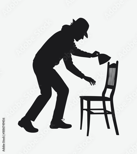 Gentleman Silhouette Tipping Hat to Chair on White Background