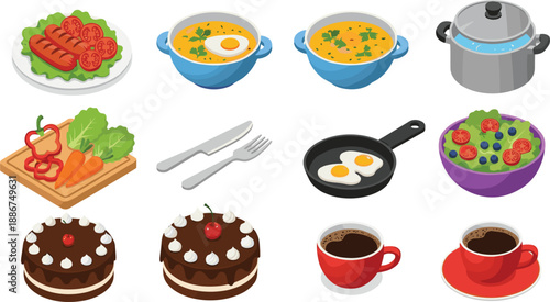 Home cooked food and kitchen meal vector set with soups eggs desserts coffee and utensils isolated