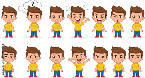 Cartoon boy character emotion vector set showing different facial expressions and moods isolated