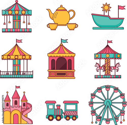 Amusement park attractions vector set with carousel ferris wheel circus tents and funfair rides isolated